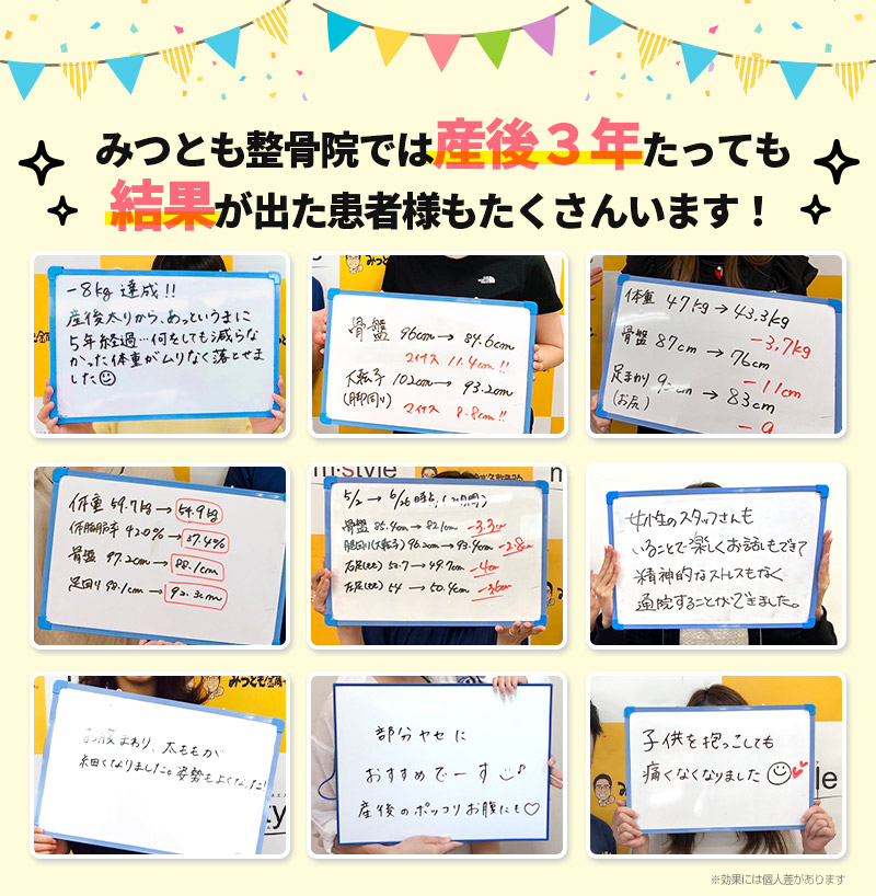 みつとも整骨院では産後３年たっても結果が出た患者様もたくさんいます！